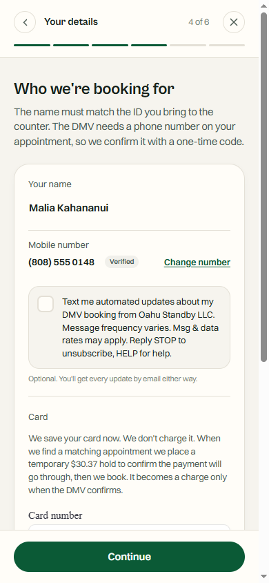 Booking flow step 4: name and verified mobile number, then a separate, unchecked SMS consent checkbox labelled with the full disclosure, marked optional